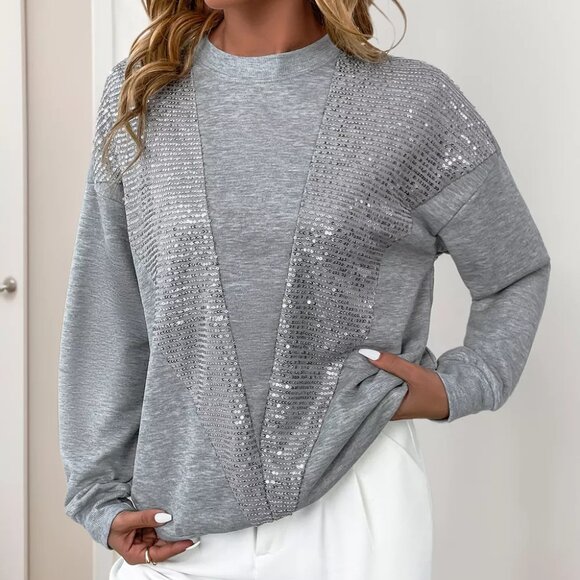 Sequin Round Neck Dropped Shoulder Sweatshirt - Picture 1 of 11